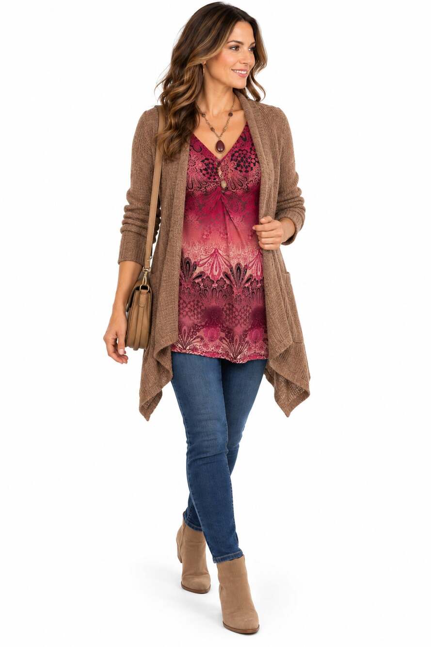 Axcess Liz Claiborne Tunic Top Large Burgundy Pink Paisley Print V Neck